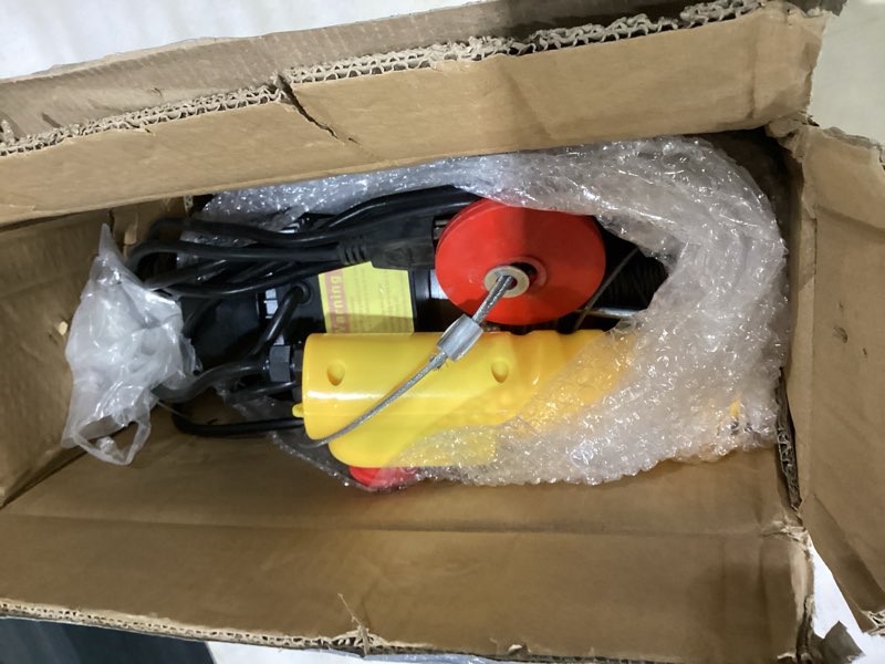 Condition photo showing As Is for electric hoist,440 lbs winch with wired remote control,electric winch single/double slings 39.4ft lifting height with emergency stop for factories,warehouses,construction site 440lbs