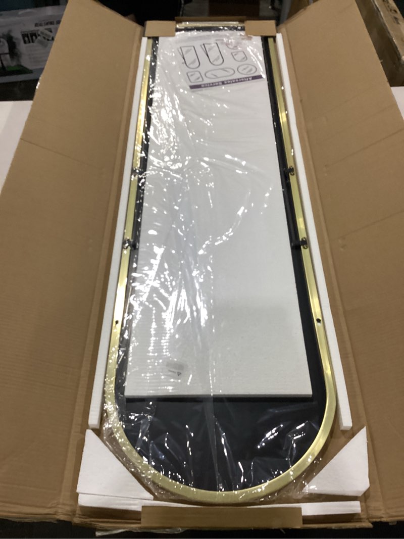 Condition photo showing New/Like New for trahome arched full length mirror, 56"x15" standing body mirror for wall, with aluminum alloy frame for bedroom, living room, dressing room(gold)