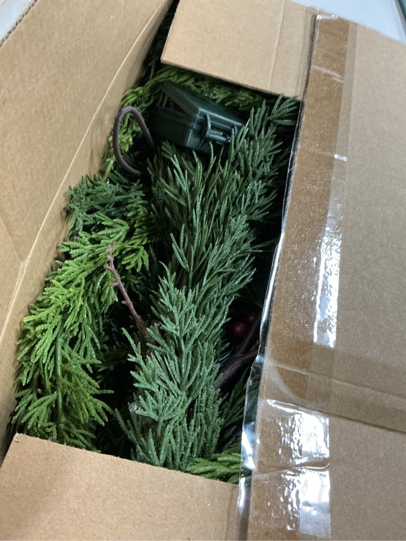 Condition photo showing New/Like New for 6 feet christmas garland - real touch cedar garland - realistic greenery cypress pine garland for wall,table,fireplace,mantle,indoor outdoor - christmas decorations - free battery led lights 1