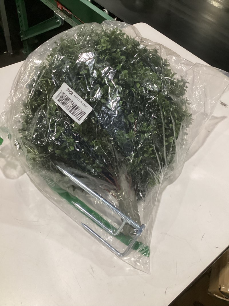 Condition photo showing Good Condition for inspring 27'' artificial boxwood topiary trees outdoor fake bushes plants uv resistant evergreen shrubs with metal ground spike for porch patio garden, 1 pack green boxwood-1 pack