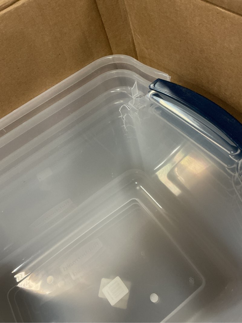 Condition photo showing As Is for (Damaged) Rubbermaid Cleverstore Clear 32 Qt, 6 Pack Stackable Plastic Storage Bins with Lids, Great for Closet and Laundry Storage, Organizing in the Home 32 Qt – 6 Pack