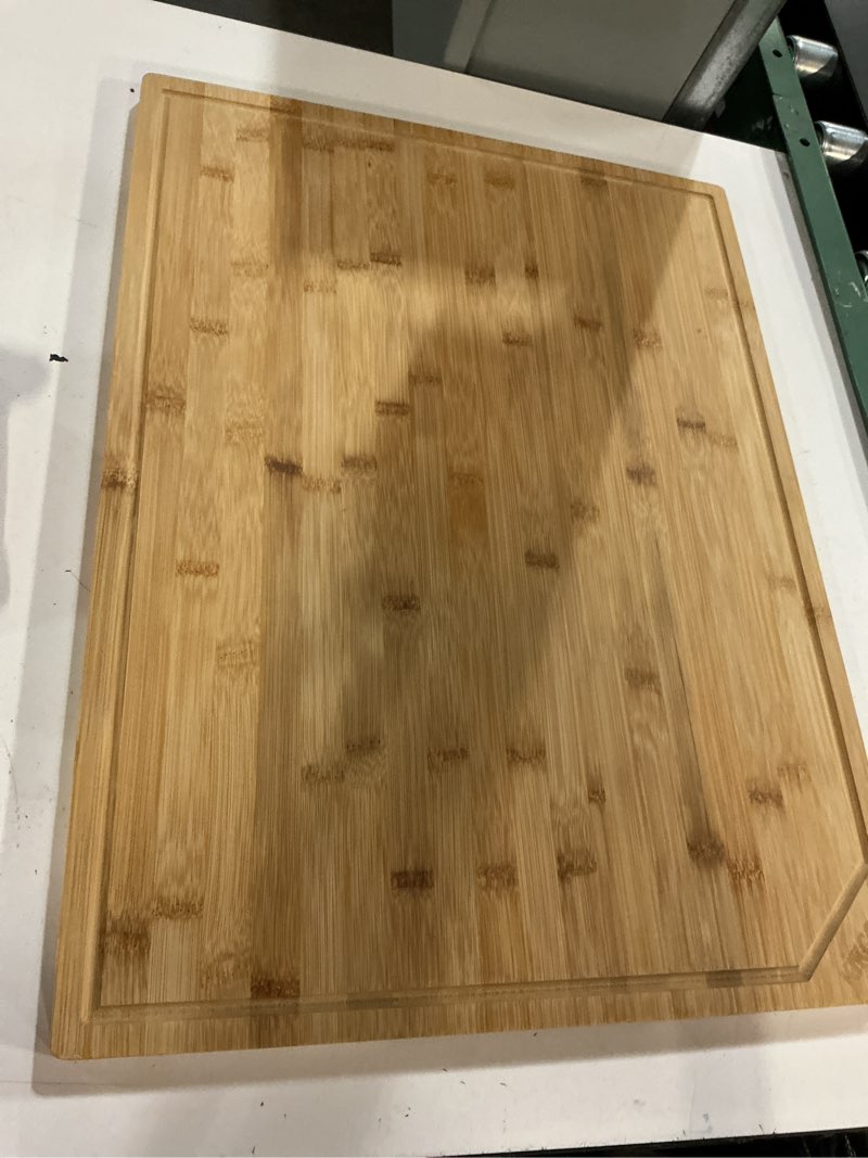 Condition photo showing As Is for 24" bamboo cutting boards for kitchen, extra large wood cutting board with deep juice groove and handle heavy duty chopping board, kikcoin, 24" x 18" 24"l x 18"w