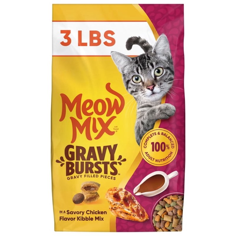(unknown best by date)meow mix gravy bursts, savory chicken flavor mix, gravy filled dry cat food, 3 lb. bag