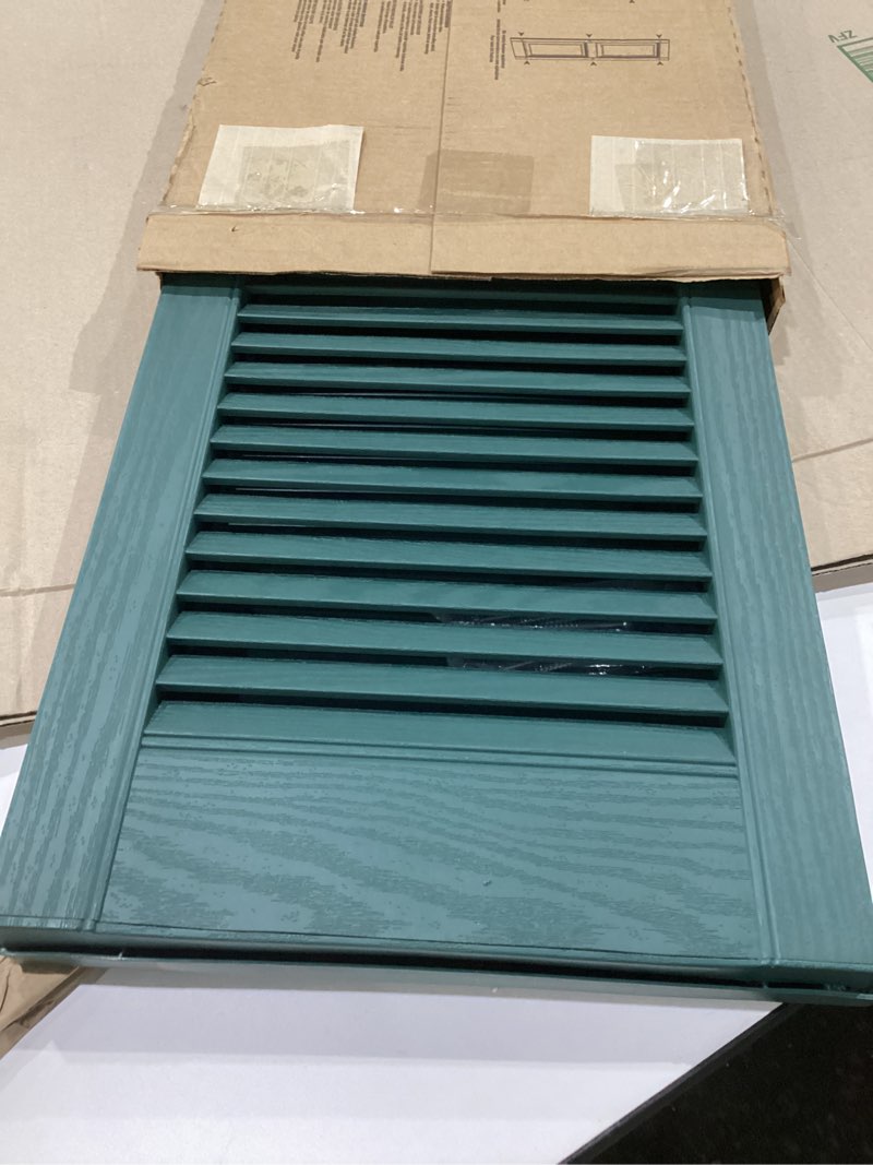 Condition photo showing New/Like New for 14 1/2\"W x 35\"H Lifetime Vinyl, TailorMade Cathedral Top Center Mullion, Open Louver Shutters, w/Shutter-Loks (Per Pair), White 14.5-in. W x 35-in. H 001 - White, SIMILAR TO STOCK PHOTO 