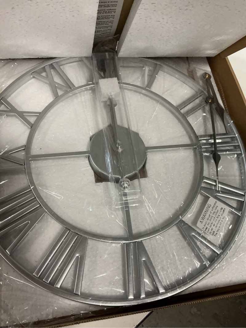 Condition photo showing New/Like New for 1st owned large wall clock silent non-ticking roman numerals vintage battery operated (24 inch,18inch,16inch) farmhouse wall clock for living room, bedroom, kitchen, cafe decor-silver 40cm silver 16inch