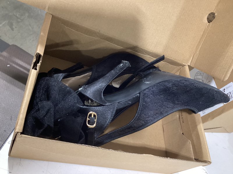 Condition photo showing As Is for coutgo womens lace high heels closed pointed toe stiletto pumps bow tie ankle strap wedding party dress shoes black 7.5
