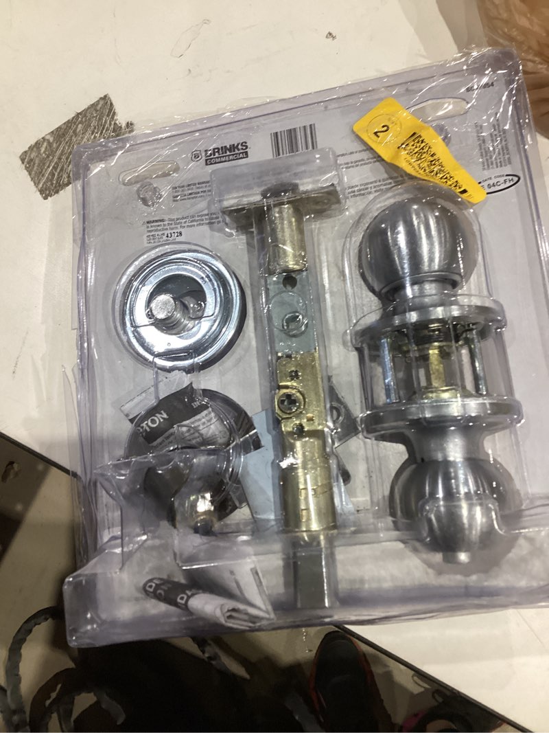 Condition photo showing As Is for brinks commercial light duty commercial satin chrome interior/exterior single-cylinder deadbolt keyed entry door knob combo pack