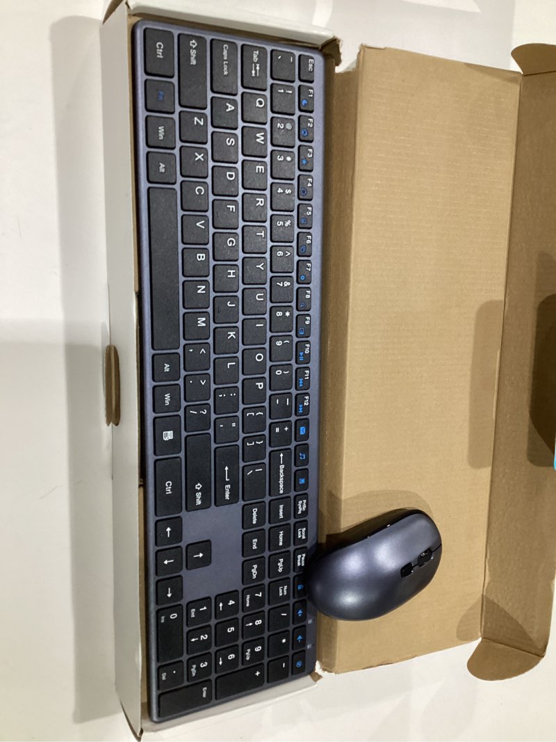 Condition photo showing Good Condition for Wireless Keyboard and Mouse Combo,2.4G USB Ultra Slim Quiet Full Size Matte PC Computer Keyboard & Mice,3 DPI,19 Multimedia Key,Lag-Free Ergo,Long Battery Life for Desktop,Laptop,Smart TV,MAC,Windows Combo Black+Blue