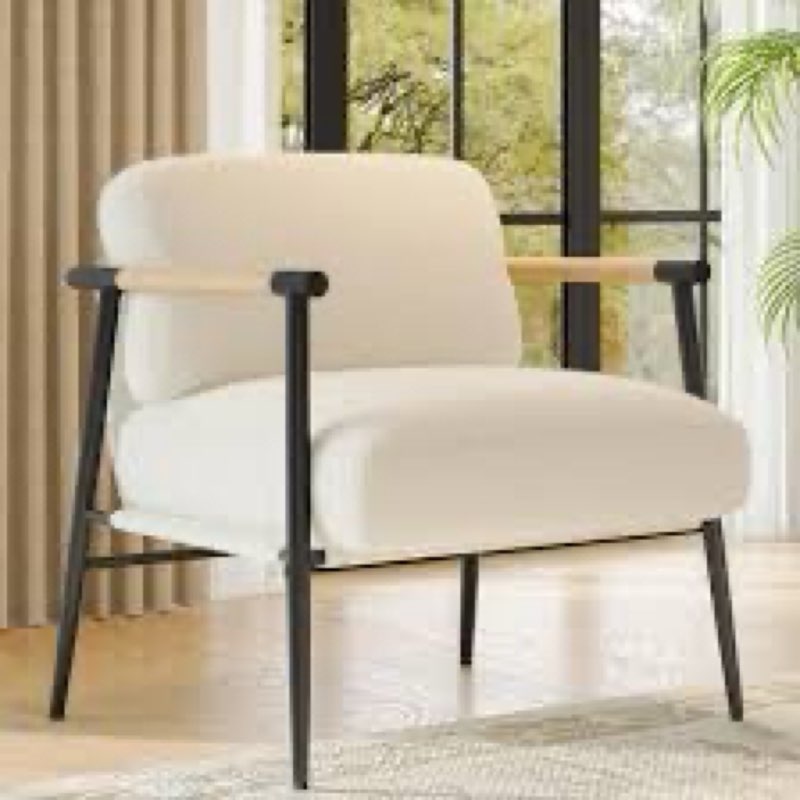 GarveeHome Comfy Chair, Modern Accent Chair with Metal Frame, Cozy Reading Chair with Soft Cushion & Wood Armrest for Bedroom, Living Room, White 