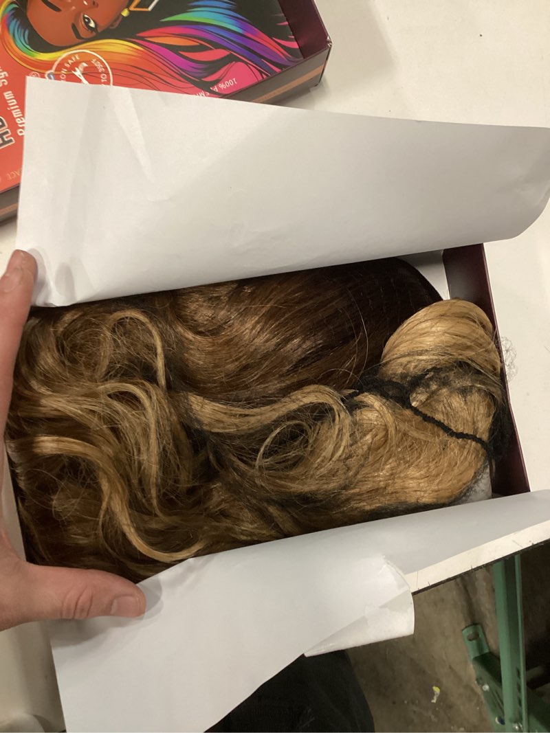 Condition photo showing Good Condition for 13x4 synthetic lace front wigs pre plucked honey blonde with black 26 inch long wavy 100% futura premium 13x4 hd lace wigs for black women ready to wear daily party use