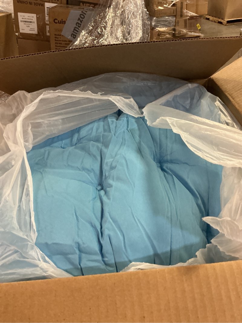 Condition photo showing Good Condition for outdoor swing cushions, 3 seat porch swing cushion replacement with backrest, swing cushions for outdoor furniture, for patio,backyard,porch garden bench cushion (sky blue 60 * 40 in) sky blue 60x 40 inches