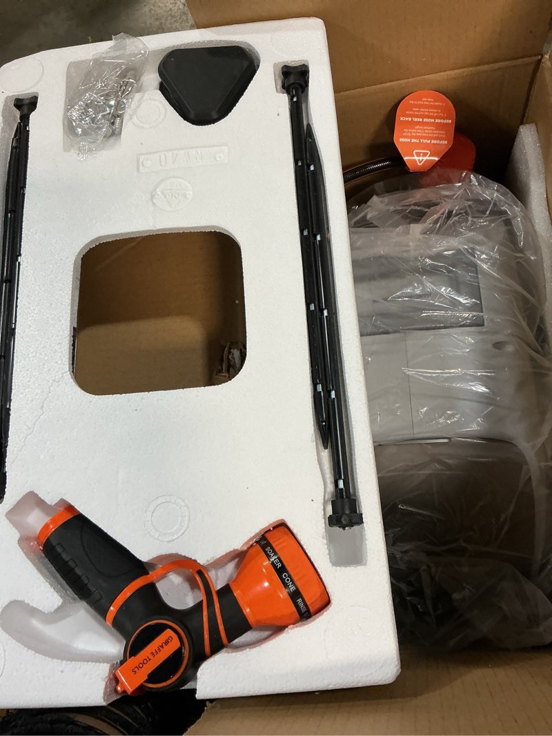 Condition photo showing Good Condition for giraffe tools retractable heavy duty hose reel, 1/2" x 130ft automatic rewind garden hose reel with 360° swivel base, ground mounted for lawn, patio, concrete floor & yard watering 1/2 inch 130 ft