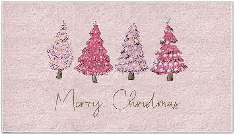Pink Christmas Tree Door Mat,Christmas Tree Floor Mat,Christmas Door Mat Outdoor,Christmas Mats for Front Door,Anti-Slip Door Mat 17x30 Inch Door Mat Entryway Bedroom Kitchen Rug