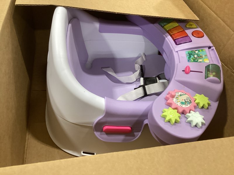 Condition photo showing Good Condition for infantino music & lights 3-in-1 discovery seat & booster, interactive toddler seat for dining table or kitchen chair, baby activity center & snack tray, 20 sounds & songs, lightweight baby essentials lavender seat