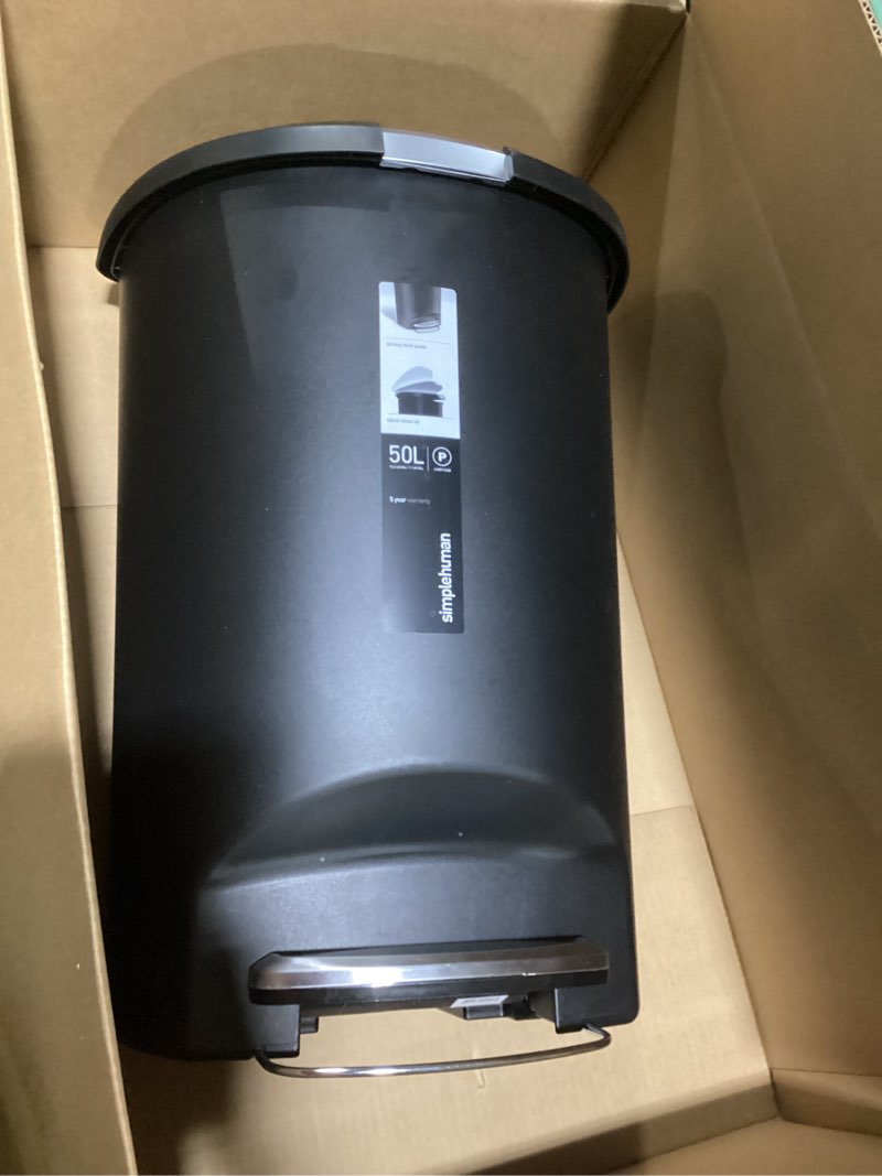 Condition photo showing As Is for simplehuman 50 Liter / 13 Gallon Semi-Round Kitchen Step Trash Can with Secure Slide Lock, Black Plastic