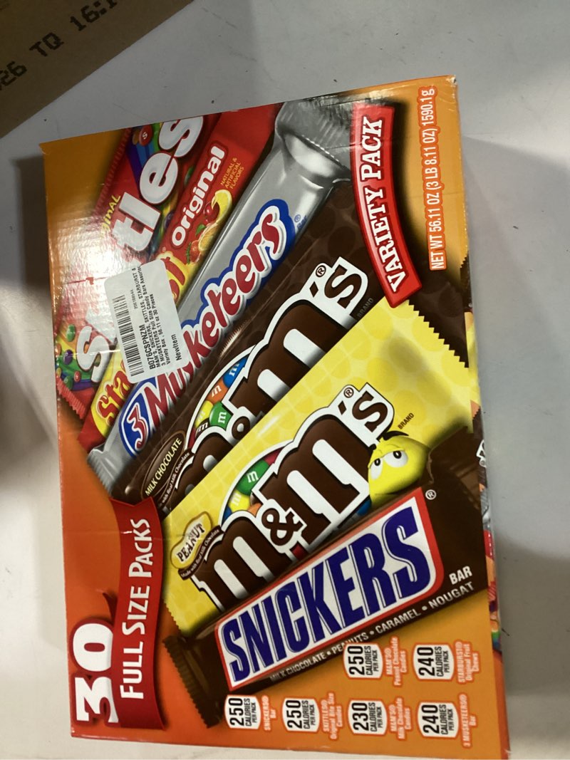 Condition photo showing item condition for M&M'S, SNICKERS, SKITTLES, STARBURST & 3 MUSKETEERS Full Size Candy Bars Assorted Variety Box , 56.11 oz 30 Pieces