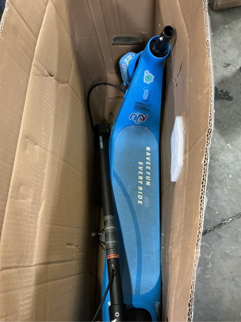 Condition photo showing As Is for navee k100 series electric scooter for kids 5-11, adjustable handlebar/speed, digital pet, 12.4/9.9/7.5 mph, safe brake, foldable, rgb lights, smart app, growing adventurer gift for boys girls, ul2272 k100, cool light + digital pet + fix height + adjustable speed, blue