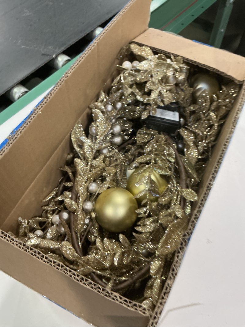 Condition photo showing Good Condition for 9 ft. Pre-Lit Christmas Be Merry Trimmed Gold Garland with Warm White LED Lights