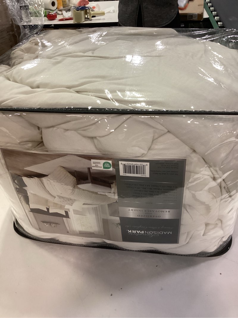 Condition photo showing Good Condition for Madison Park King Comforter Set Clipped Jacquard Stripes with Buttons Boho Comforter for a King-Size Bed, Cotton Oversized Comforters with Removable Cover Boho Bedding, King Ivory 9 Piece Ivory King