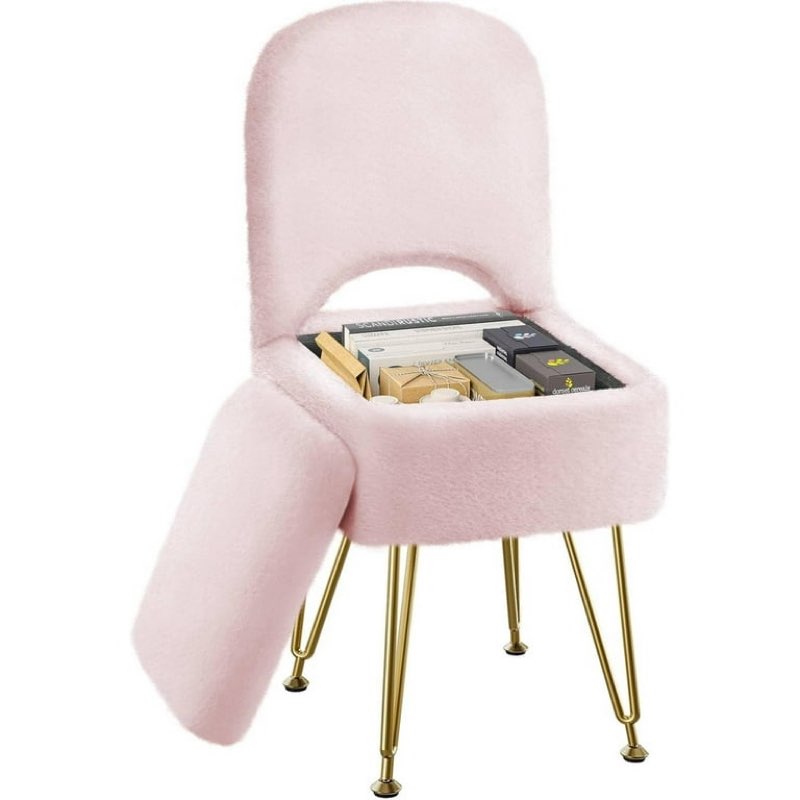 vanity stool chair with storage and folding back, 13.4" x 15" x 30" square faux fur soft ottoman