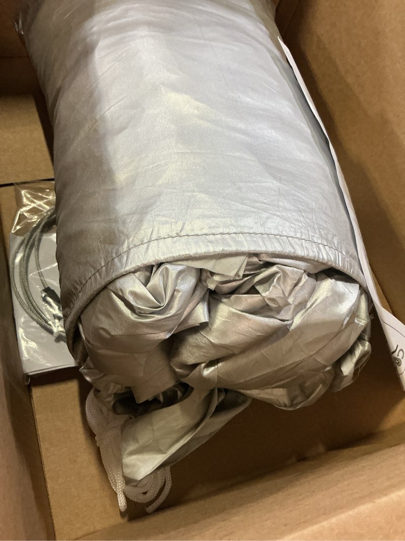 Condition photo showing As Is for motor trend flexcover car cover, waterproof all-weather suv truck car covers for snow ice rain sun uv dust hail protection, indoor/outdoor full exterior cover, sedan car cover (fits up to 228" length) xxl up to 228" silver