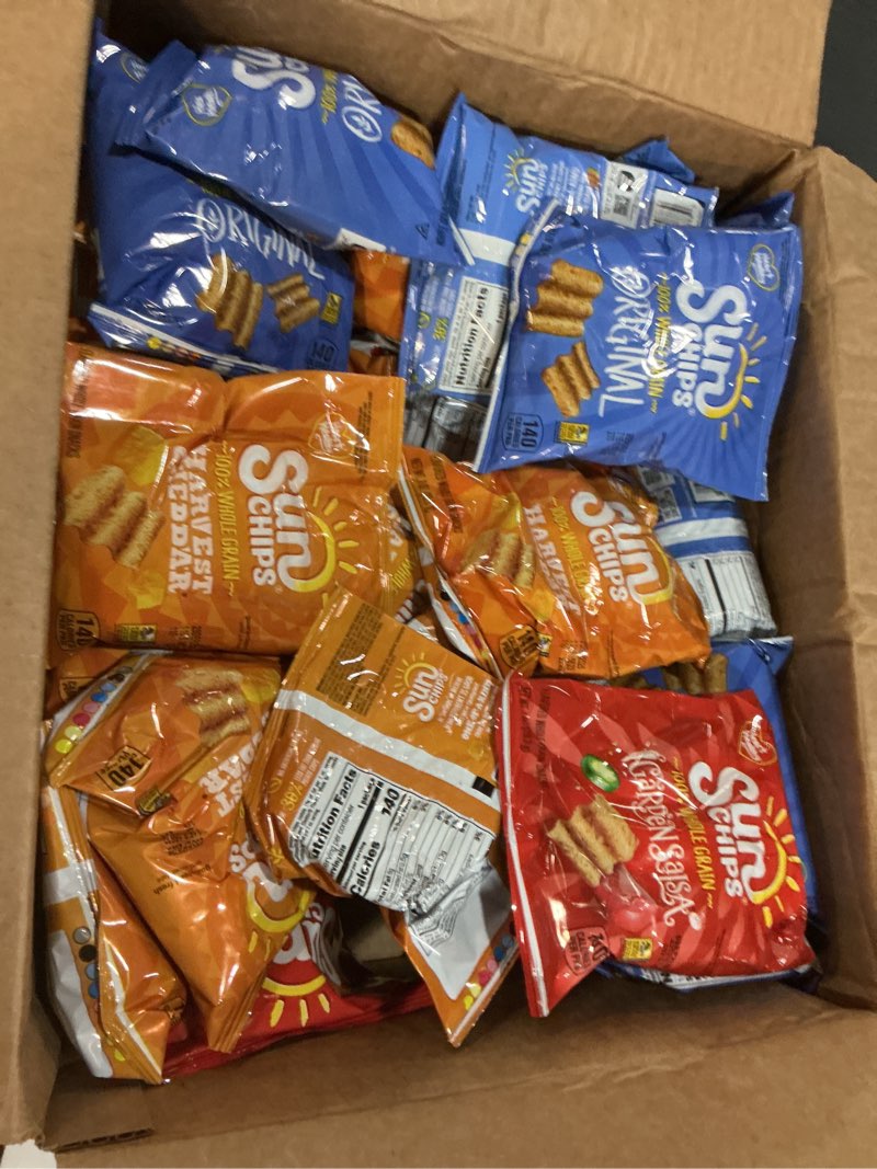 Condition photo showing New/Like New for (BBD 10/07/25). SunChips 100% Whole Grain Chips, Variety Pack, 1 oz Bags, Pack of 40, No Artificial Flavors, Colors Variety Pack 40 Count (Pack of 1)