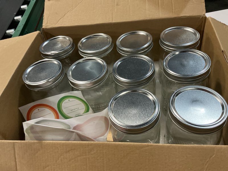 Condition photo showing As Is for ((Incomplete))Encheng 12 Pack 32oz Wide Mouth Mason Jars with Lids and Bands,Clear Glass Canning Jars for Fermenting,Preserving,Quart Size Large Mason Jars for Jam,Pickling,Meal Prep,DIY Crafts 32oz-12pack