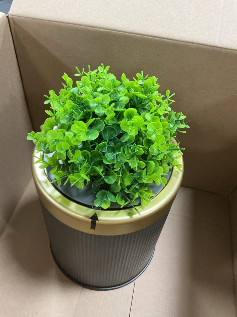 Condition photo showing Good Condition for Yatmung Bathroom Trash Can with Lid - Office, Bedroom, Living Room, Entryways - Small Bathroom Garbage Can - Decorative Trash Bin (Faux Plant) - Hidden Waste Basket - 2.6 Gal, Black with Gold Edge