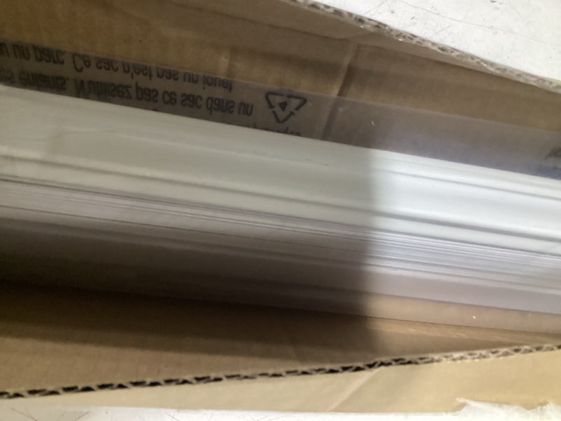 Condition photo showing As Is for cordless light filtering mini blind, 27 x 64 in, pearl white | cordless lift and light-filtering control: slat-based blind construction with adjustable light control.