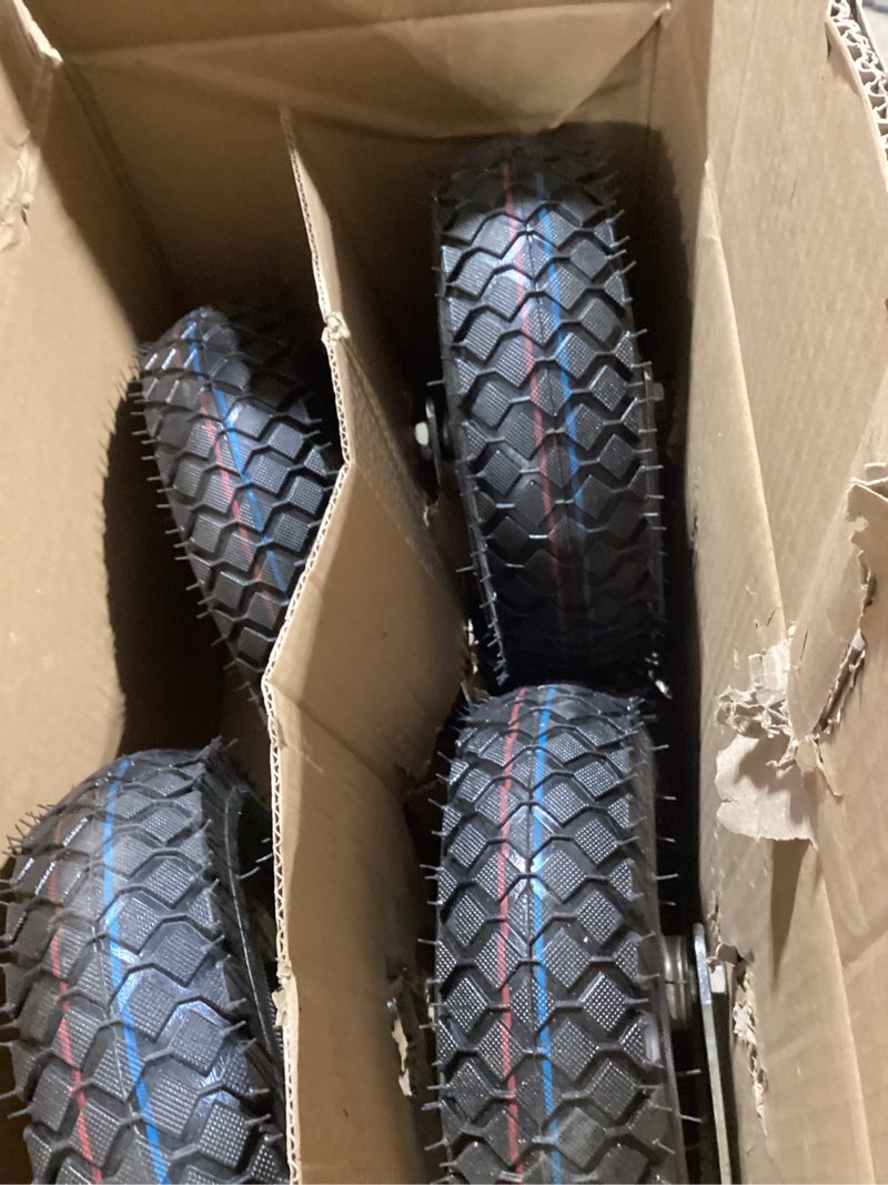 Condition photo showing Good Condition for 10 Inch Pneumatic Casters Set of 4 (2 Swivel/2 Rigid),Heavy Duty Casters,Tolerable 1300 LBS,Rubber Knobby Tread for Workbench, Cart, Trolley,Wagon and Shelves