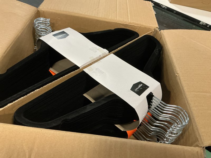 Condition photo showing Good Condition for Amazon Basics Slim Velvet, Non-Slip Suit Clothes Hangers, Pack of 100, Black Black Pack of 100