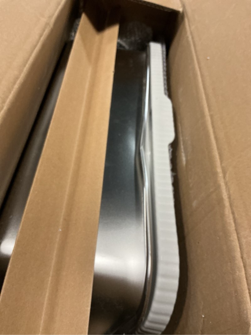Condition photo showing As Is for stainless steel cat litter box with lid, 24" l x 16" w x 11.8" h, large cat litter box for multiple cats with high sided, no-leak & stick, easy to clean, includes litter mat & multi functional scoop light gray 24" l x 16" w x 11.8" h