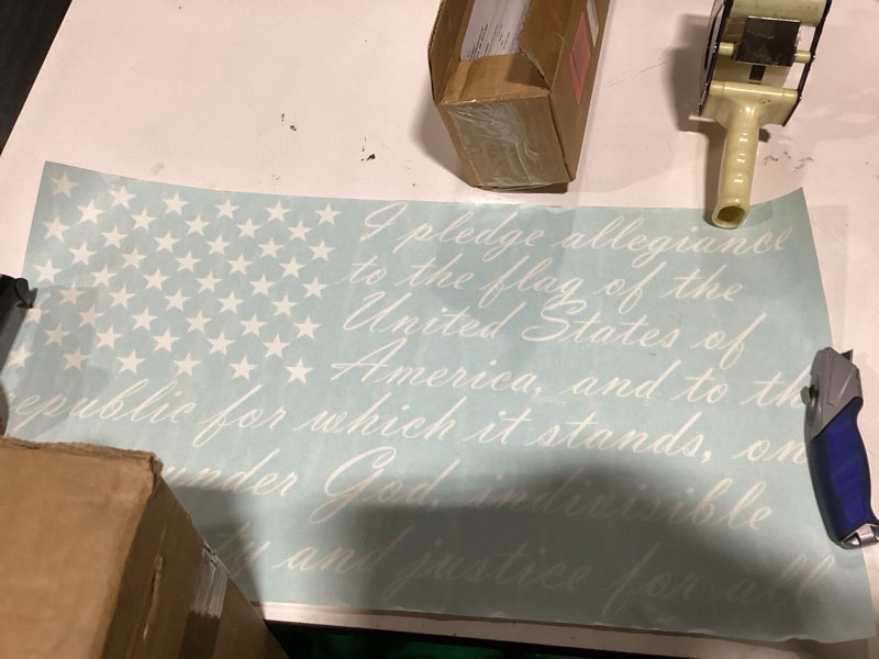 Condition photo showing New/Like New for american flag pledge of allegiance vinyl truck window sticker decal (15"x30")