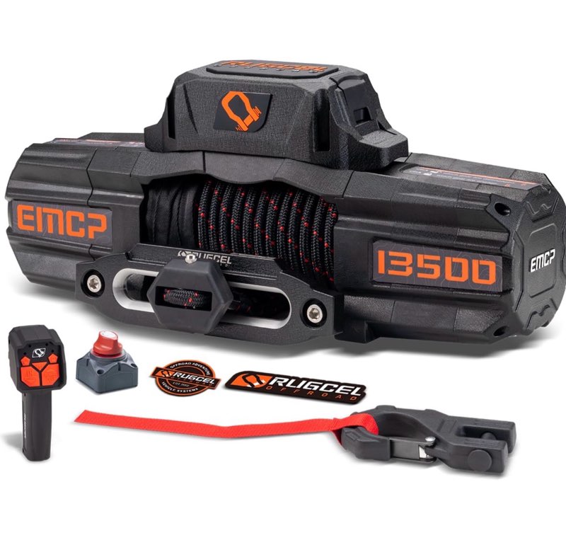 rugcel winch 12v emcp winch 13500lb waterproof electric synthetic rope winch with hawse fairlead,2 in 1 infrared remote control,dual color rope,for truck suv