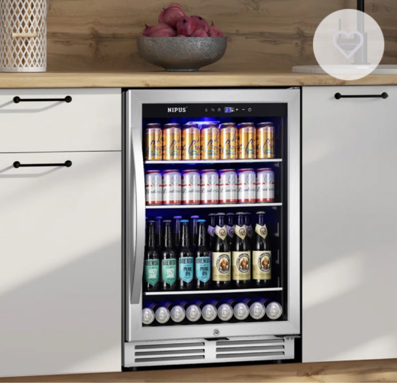 24 inch beverage refrigerator cooler, 190 can built-in and freestanding with glass door, led light safety lock for beer, wine, soda, drinks classic series