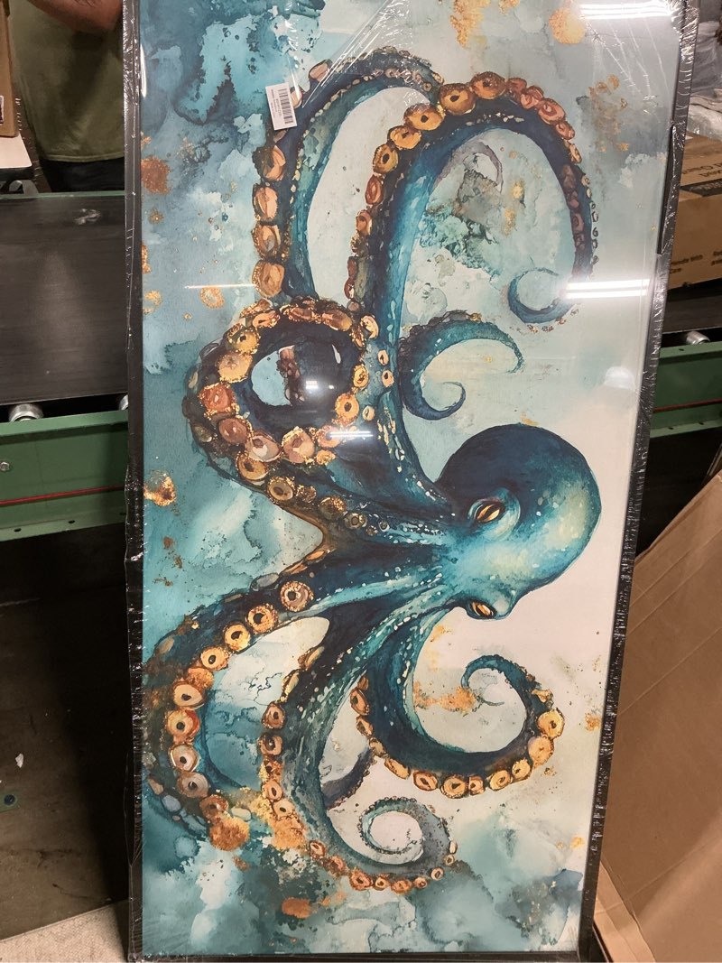 Condition photo showing Good Condition for octopus large decor framed wall art blue and gold pictures for living room, ocean nautical oversized canvas print painting modern extra large framed artwork for bedroom office home decor 60"x30" blue octopus 60"l x 30"w