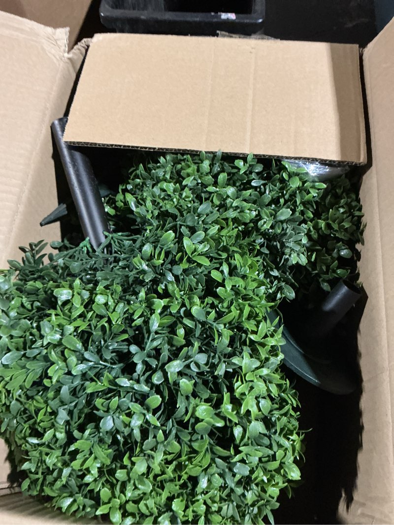 Condition photo showing As Is for artificial topiary bushes for outdoors with spike, boxwood ball fake shrubs uv resistant faux plants for indoor outdoor fall thanksgiving halloween decor (artificial topiary boxwood ball tree)