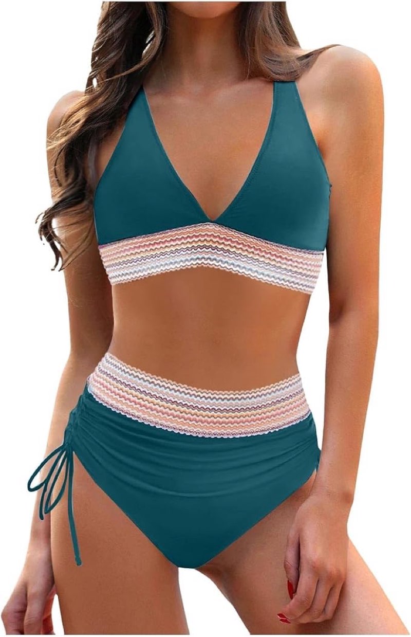women high waisted bikini sets tummy control swimsuits two piece color block slimming drawstring bathing suits medium