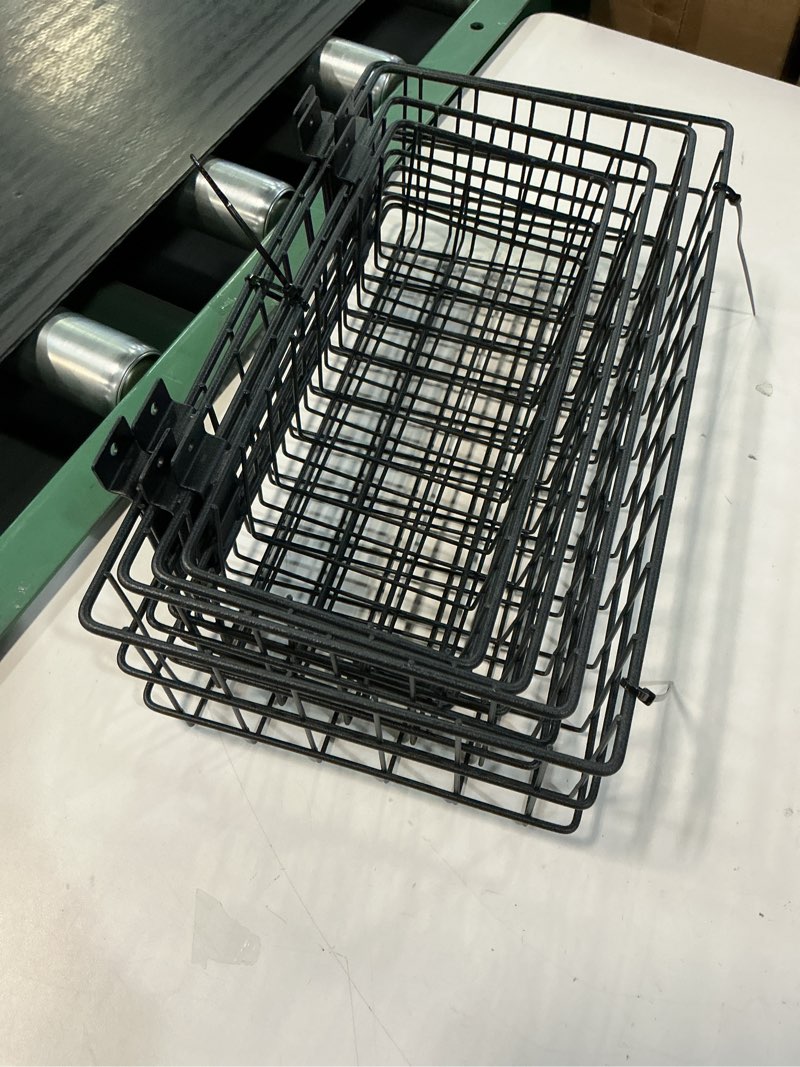 Condition photo showing As Is for incly 4 pack black slatwall baskets set, ventilated metal hanging storage slat wall basket, mounted slatwall accessories for garage rooms shops storage organizing display on slatwall panels