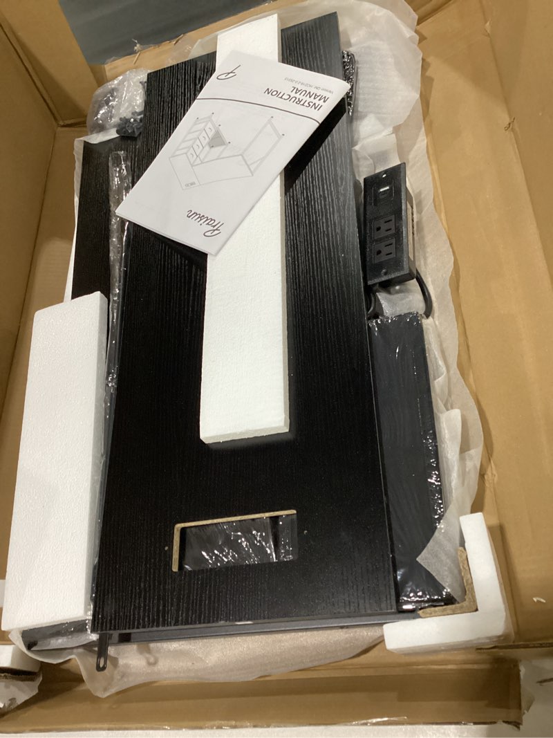 Condition photo showing As Is for PRAISUN 43.3" Small Computer Desk with Power Outlets and USB-C Port, Reversible L Shaped Corner Office Desk with 4 Fabric Drawers and 2 Height-Adjustable Shelves, for Gaming Writing, Black 43.3 inch Black