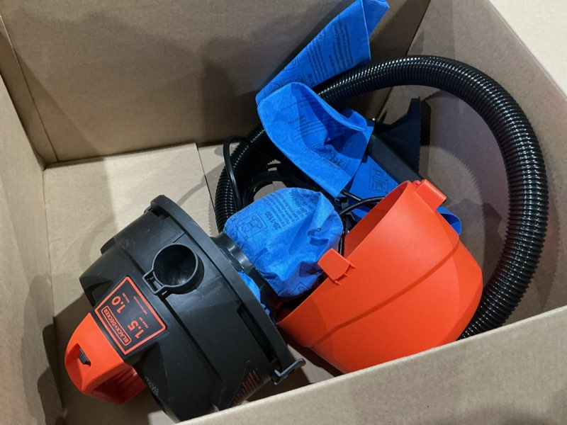 Condition photo showing As Is for black+decker shop vacuum wet and dry, small shop vac with accessories, 1 gallon 1.5 peak hp, wall mount mini vacuum for garage, home and pet, 60cfm (bdxv18101p-1h)