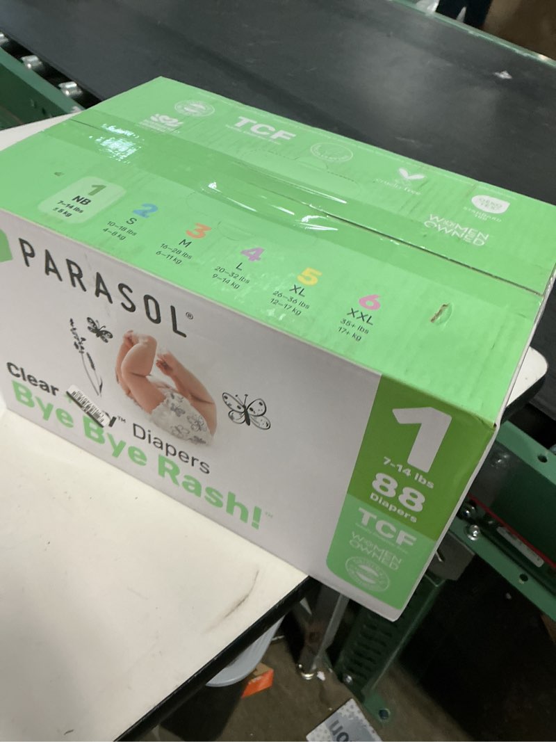 Condition photo showing New/Like New for parasol chlorine-free diapers with rashshield protection - size 1 - 88ct: hypoallergenic, wetness indicator, latex-free