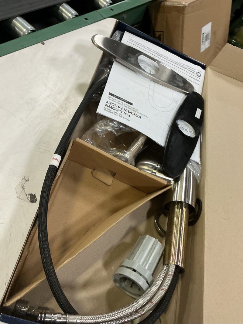 Condition photo showing As Is for Project Source Brushed Nickel 2-Handle Deck Mount Pull-Down Kitchen Faucet