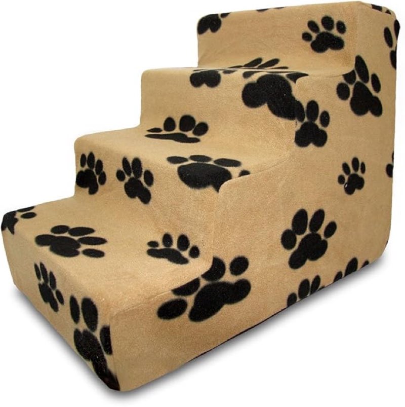 best pet supplies dog stairs & steps - foam steps for small dogs & cats, non-slip indoor balanced pet step support, dog ramp, no assembly, paw print on beige.