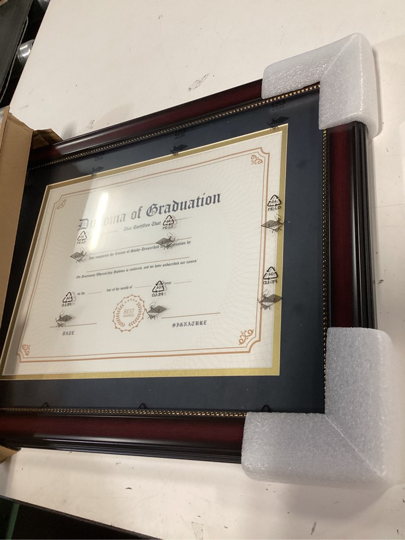 Condition photo showing Good Condition for GraduationMall 8.5x11 Diploma Frame with Black over Gold Mat or Display 11x14 Document without Mat, UV Protection Acrylic, Mahogany with Gold Beads Mahogany With Gold Beading 11x14 or 8.5x11 With Mat