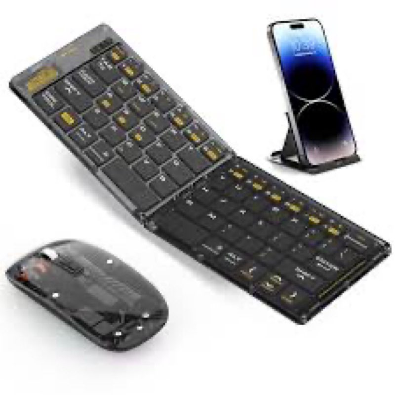 Foldable & Folding Wireless Keyboard Set Combo for iPad, Transparent Bluetooth Typepad & Mouse, Comp