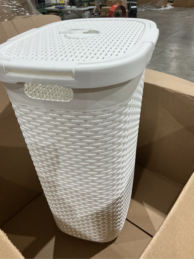 Condition photo showing Good Condition for mind reader slim laundry hamper with lid, 60l tall clothes basket, narrow tapered design for bathrooms, closets and laundry rooms, plastic, white white 1 piece