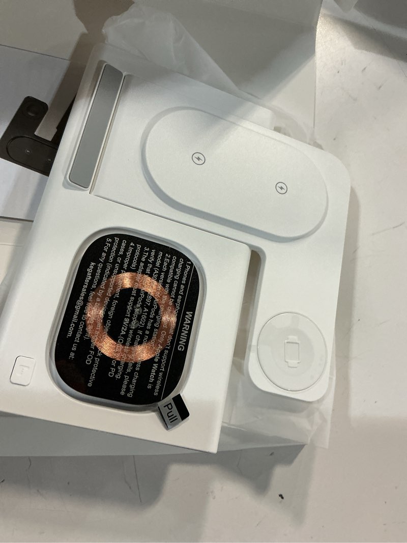 Condition photo showing Good Condition for 3 in 1 foldable charging station for apple products,wireless charger for iphone 17 16 15 14 13 12 pro max,travel dock adapter&light for iwatch series 11 10 9 ultra 3/2 se 3/2,for airpods 4 3 2 pro 3/2 white