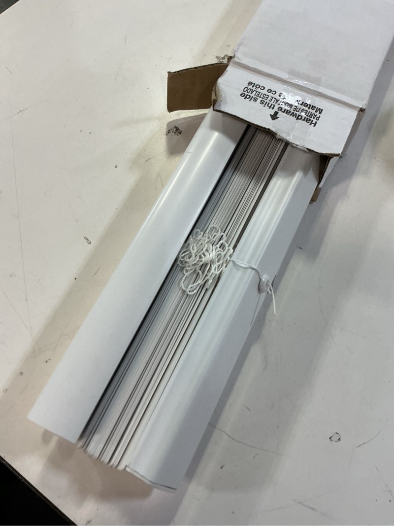 Condition photo showing As Is for project source light filtering 1-in slat width 35-in x 64-in cordless white vinyl light filtering mini-blinds