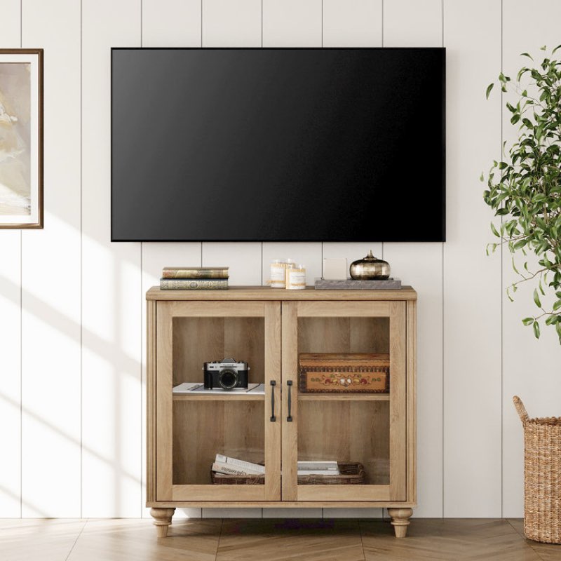 Oak Scarlett TV Stand TV, Wooden Console Table With Storage Cabinet For Living Room, Kitchen Sideboard Buffet With Glass Doors For Dining Room (size 86x40x78cm)